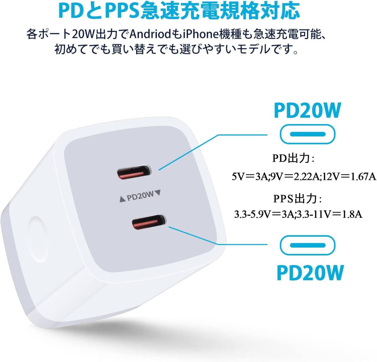 White 40w Viviber 40W (PD充電器 USB-C 2ポート) Type-C 急速充電器 タイプCコンセント【P_画像4