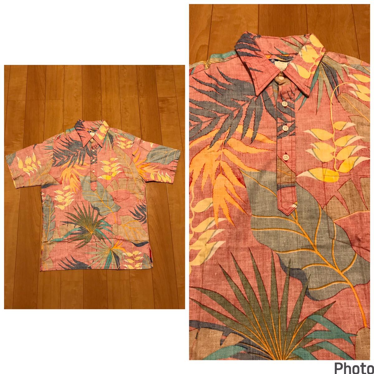 良品☆HAWAII.USA製／OLD Styled By RJC LTD. サイズM 希少プルオーバー型.半袖ビンテージアロハシャツ 裏使い生地 ハワイアン葉っぱ総柄_画像1