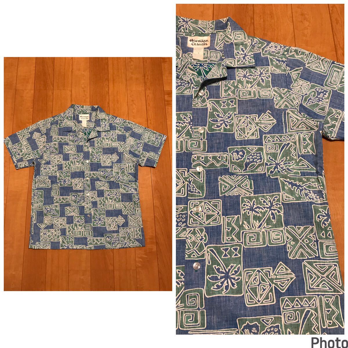 美品☆HAWAII製／70s-80sHawaiian casuals S大き目/日本M-L相当 裏使い半袖ビンテージアロハシャツ　両胸ポケット・椰子の木&BATIK模様総柄_画像1