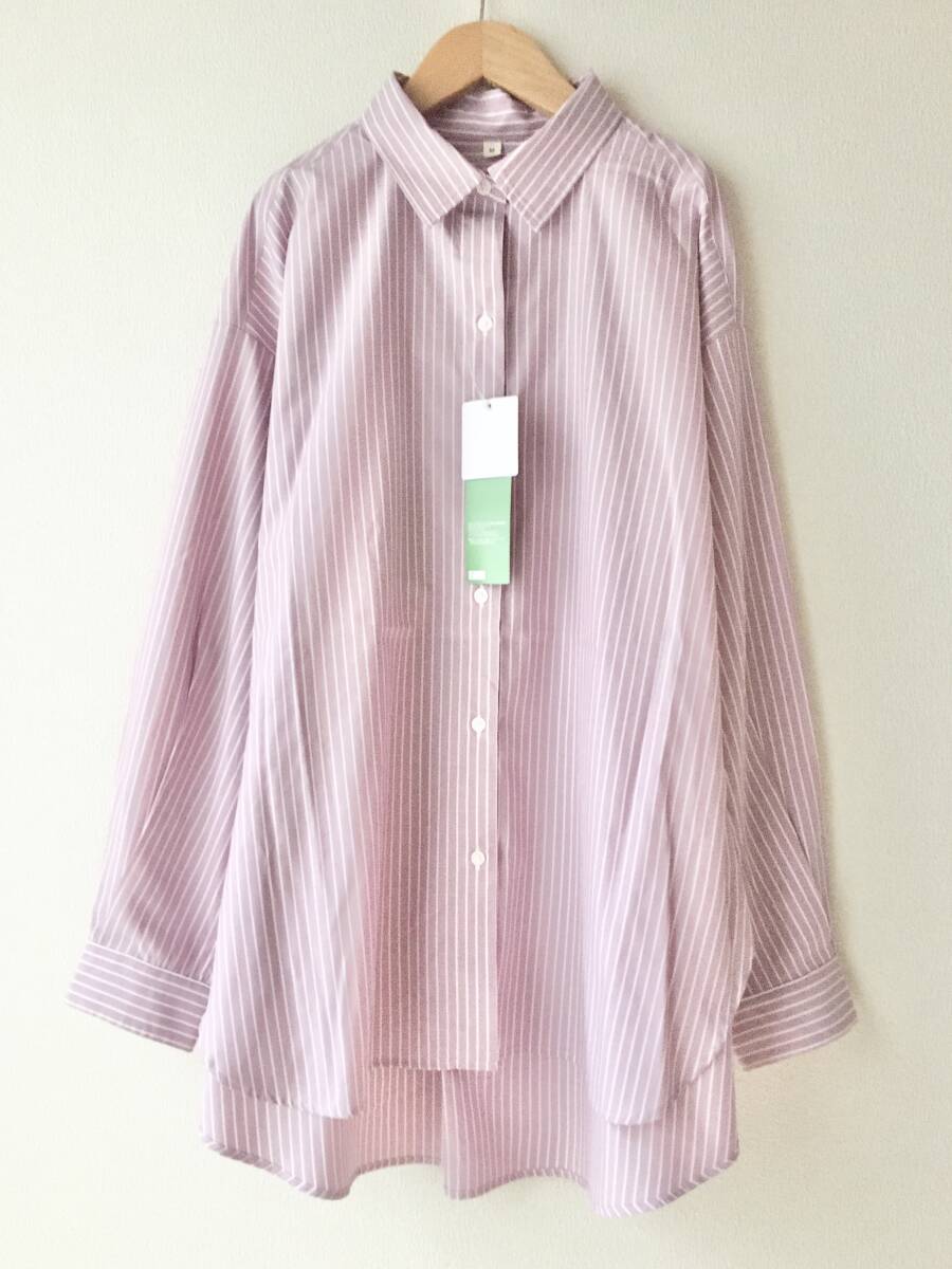 吸汗速乾 イージーケア 長袖 レギュラーシャツ パープル ピンク ストライプ M / シワになりにくい ブラウス ゆったりめ_画像1