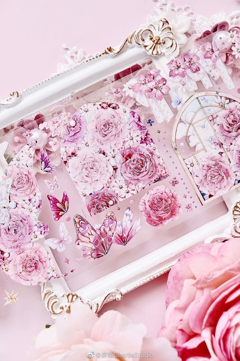 【薔薇花窗】海外マスキングテープ　PET 切り売り　お花　バラ　装飾マステ　海外マステ