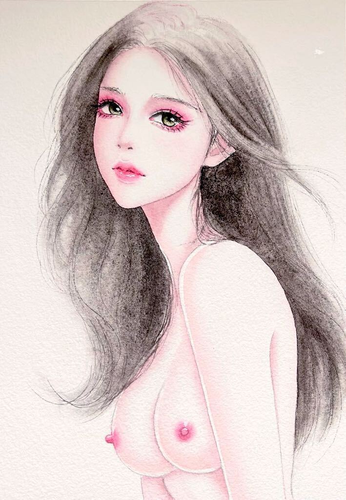 手描きイラスト 水彩画 原画 ロングヘアの女の子の画像1