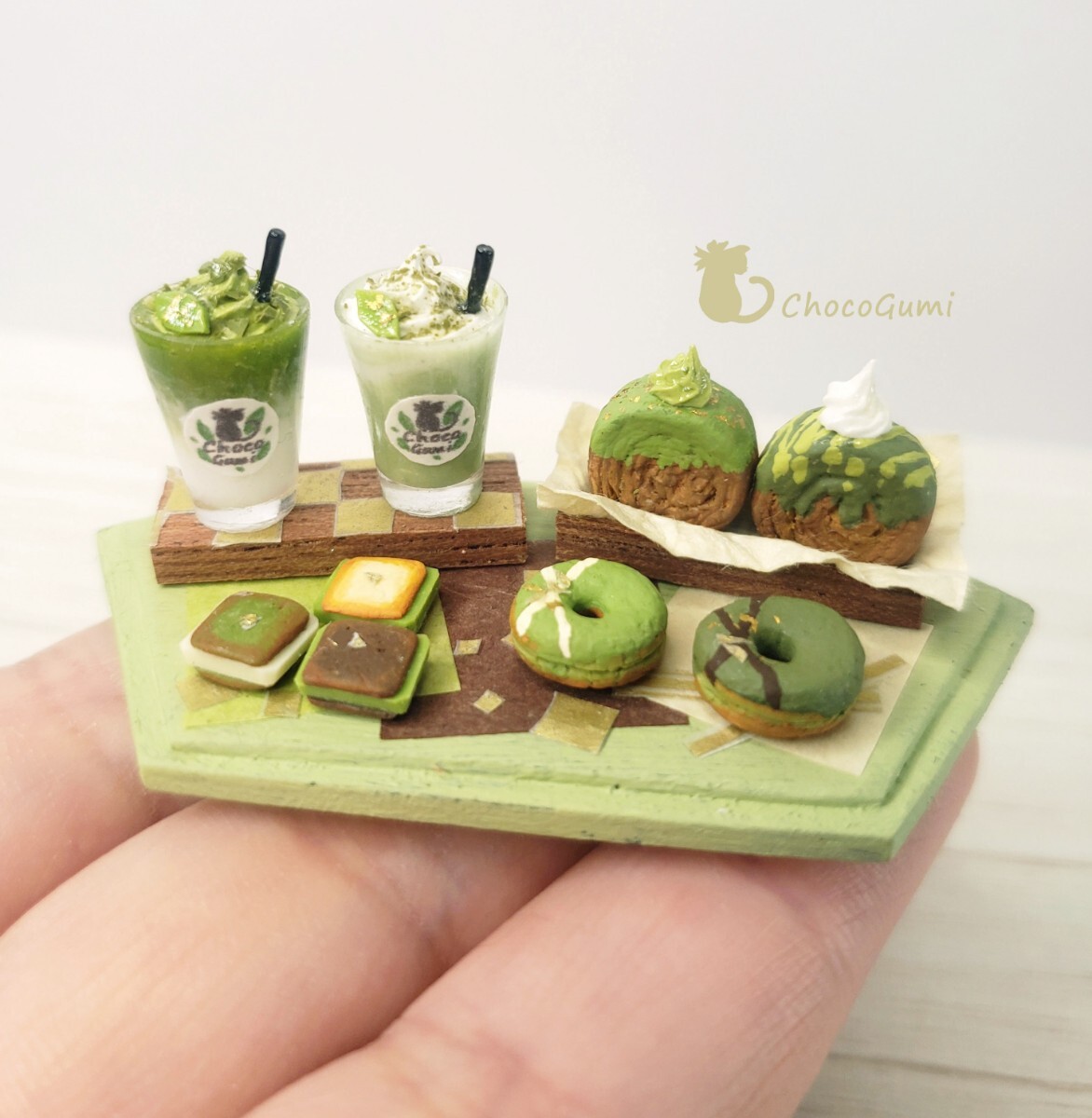 抹茶の和カフェドリンク&スイーツセット ミニチュアフード ドールハウス 食品サンプル ハンドメイド_画像8