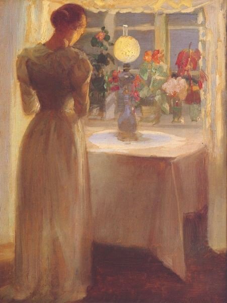 模写油絵　Ancher_ランプに灯される若い女　MA2488　ユーラシアアート_画像1