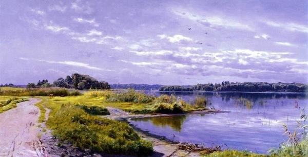 模写油絵　Monsted Peder_川の風景　MA788　ユーラシアアート_画像1