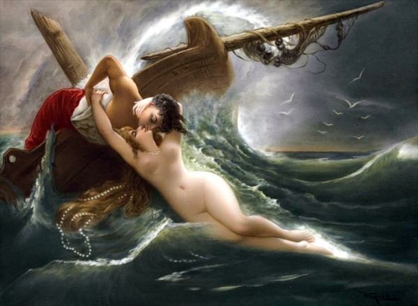 模写油絵　海の精セイレンのキス　MA1763　ユーラシアアート_画像1