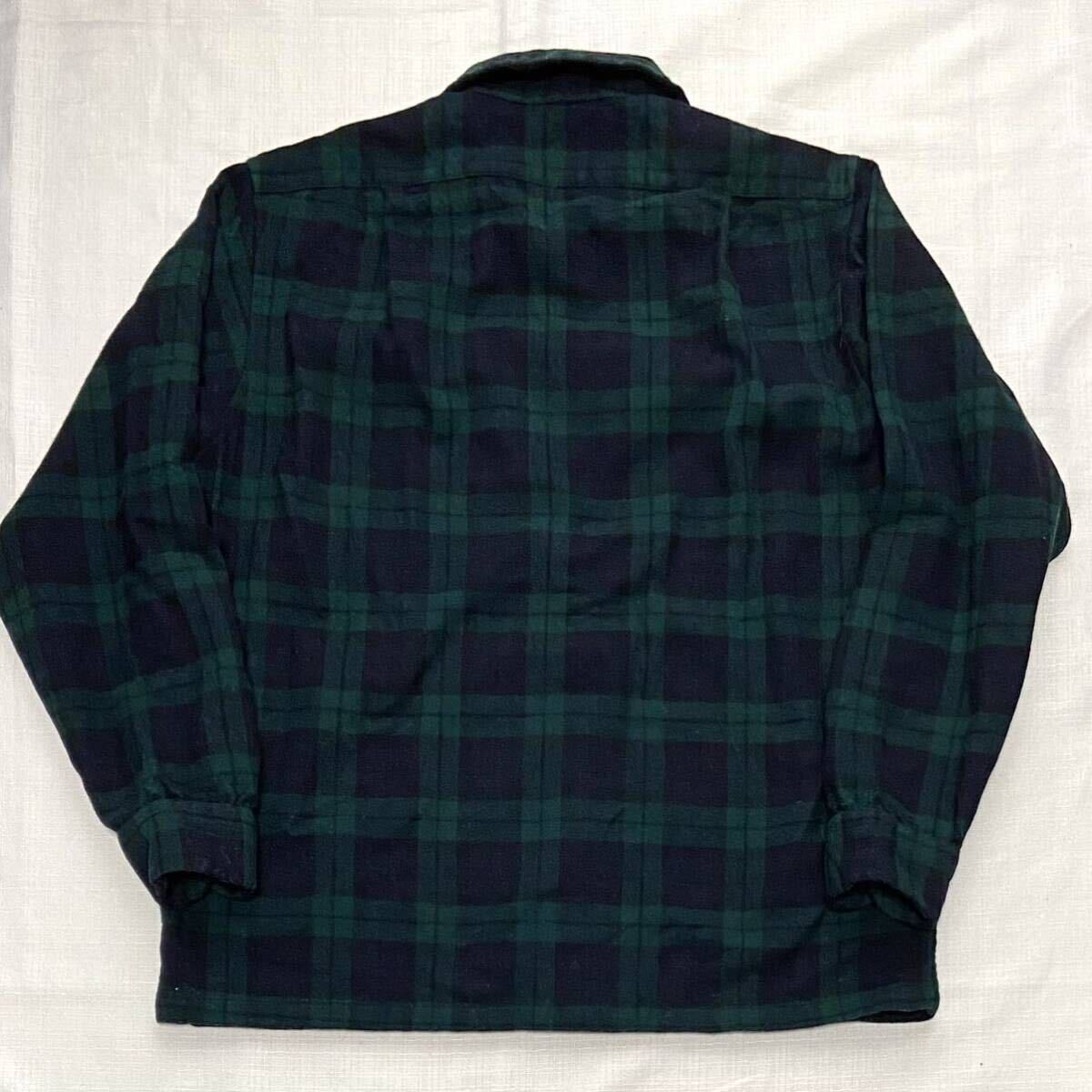 60sビンテージ ペンドルトン ブラックウォッチ 黒 緑 紺 チェック オープンカラー 開襟 ボックス USA製 ウール シャツ L オリジナル 古着の画像7