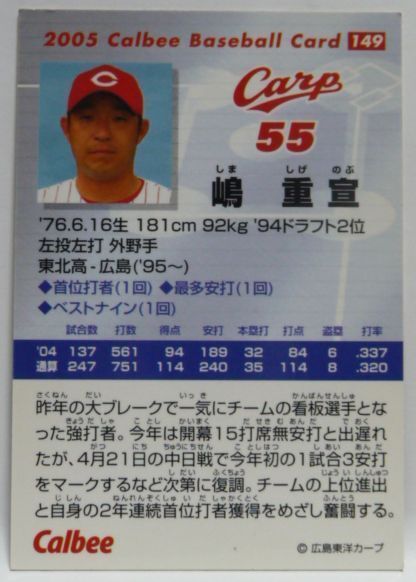 カルビープロ野球カード2005年#149【嶋 重宣(広島 東洋カープ)】平成17年チップスおまけ食玩トレーディングカード【中古】送料込_画像2