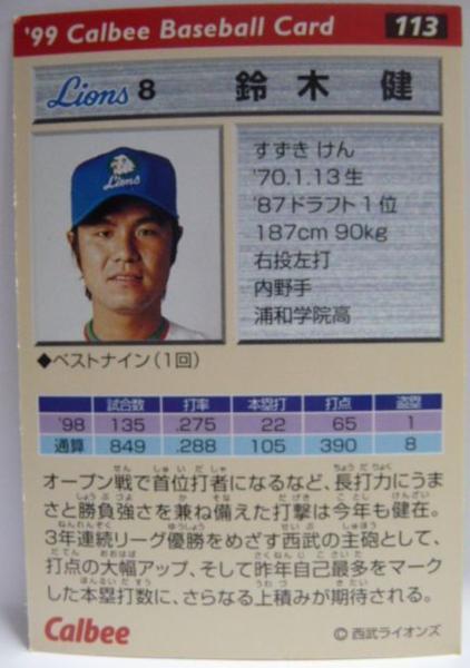 カルビープロ野球カード99年#113【鈴木 健(西武ライオンズ)L】平成11年1999年チップスおまけ食玩トレーディングカード【中古】送料込_画像2