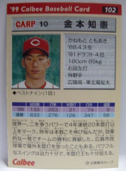 カルビープロ野球カード99年#102【金本 知憲(広島 東洋カープ)C】平成11年1999年チップスおまけ食玩トレーディングカード【中古】送料込_画像2