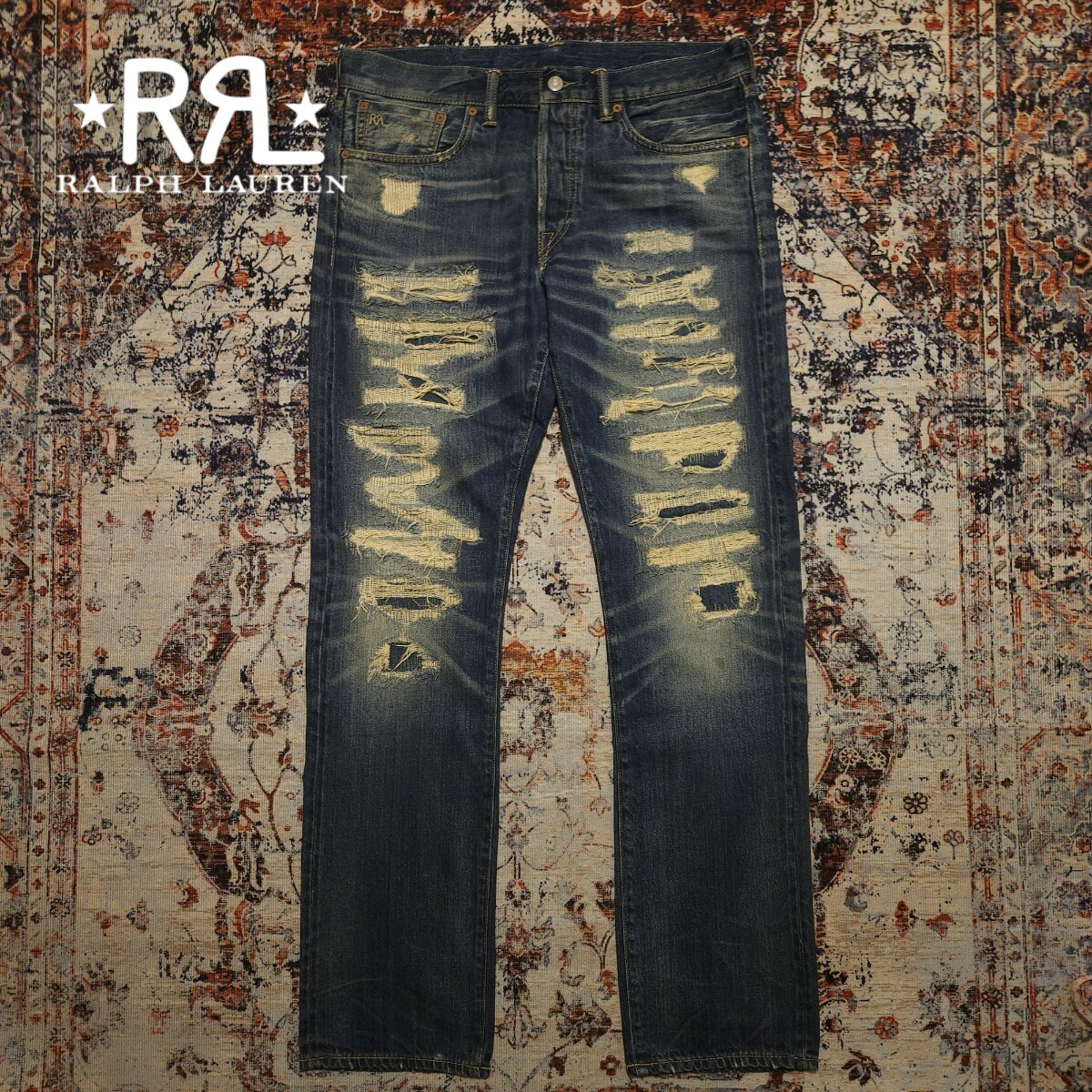 【逸品】 RRL Stafford Slim Fit Jeans 【32×32】 スタッフォード スリムフィット ジーンズ デニム リペア加工 レザー Ralph Lauren 藍染_画像1