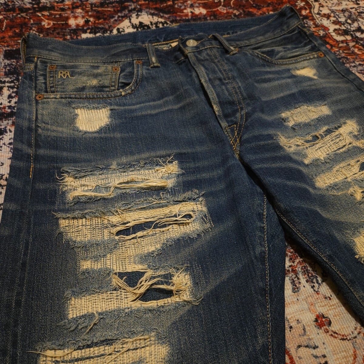 【逸品】 RRL Stafford Slim Fit Jeans 【32×32】 スタッフォード スリムフィット ジーンズ デニム リペア加工 レザー Ralph Lauren 藍染_画像2