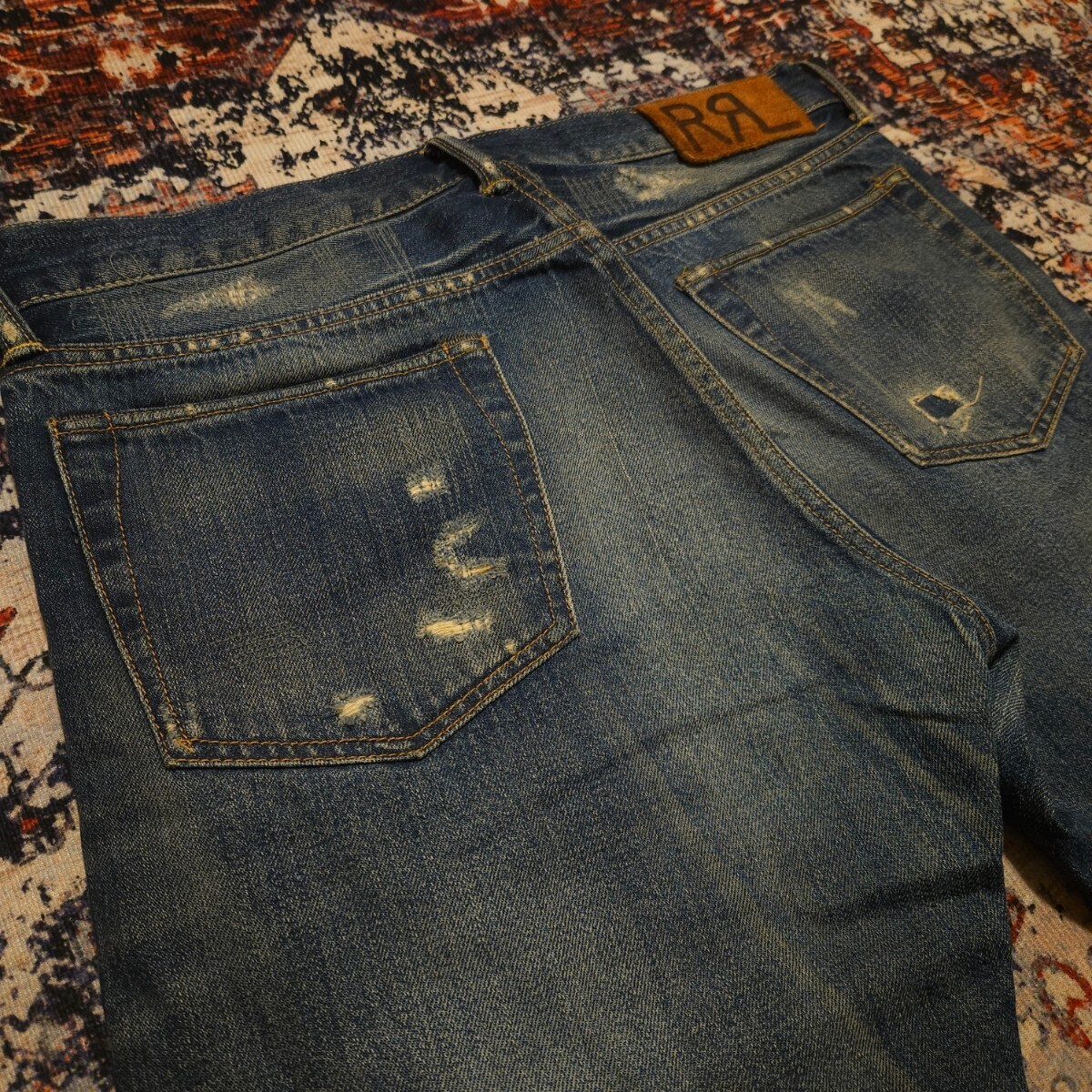 【逸品】 RRL Stafford Slim Fit Jeans 【32×32】 スタッフォード スリムフィット ジーンズ デニム リペア加工 レザー Ralph Lauren 藍染_画像7