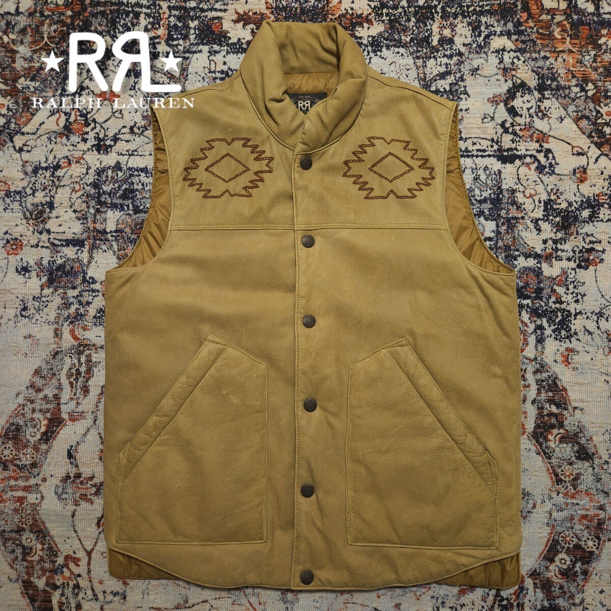 【希少】 RRL Hazelwood All Leather Vest 【S】 へイゼルウッド オール レザー ベスト 刺繍 ネイティブ 羊革 Ralph Lauren 最高級 ダウン_画像1