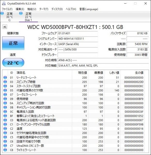 はてなアキバ 7日間保証 内蔵 SATA2.5インチHDD WDC WD5000BPVT-80HXZT1 : 500.1 GB 使用3065h CrystalDiskInfoで正常判定 管Y4236_現物のデータです