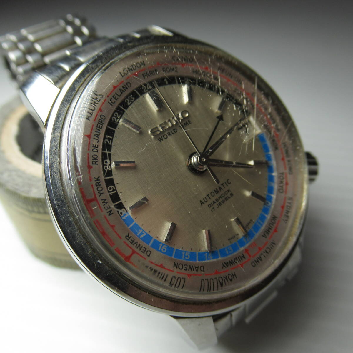【難多】古いSEIKO WORLDTIME AUTOMATIC 腕時計◆DIASHOCK 17JEWELS/オリンピック1964の画像3