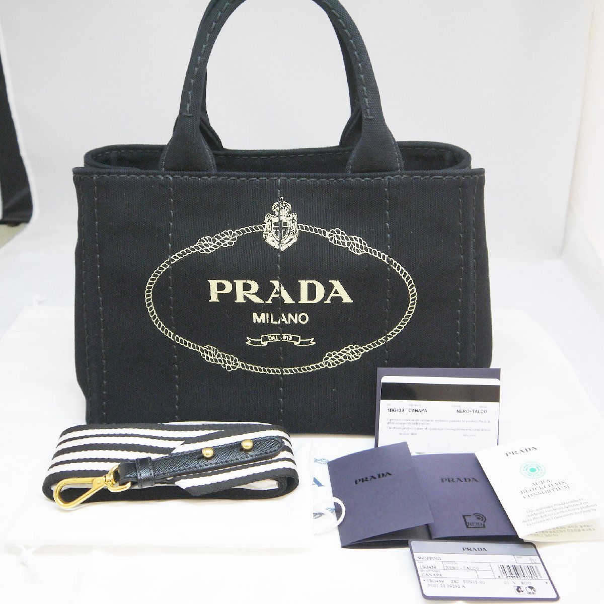 USED美品・保管品 PRADA プラダ 1BG439 カナパ 2way トートバッグ ショルダーバッグ キャンバス ブラック ゴールド金具 保存袋/Gカード付の画像1