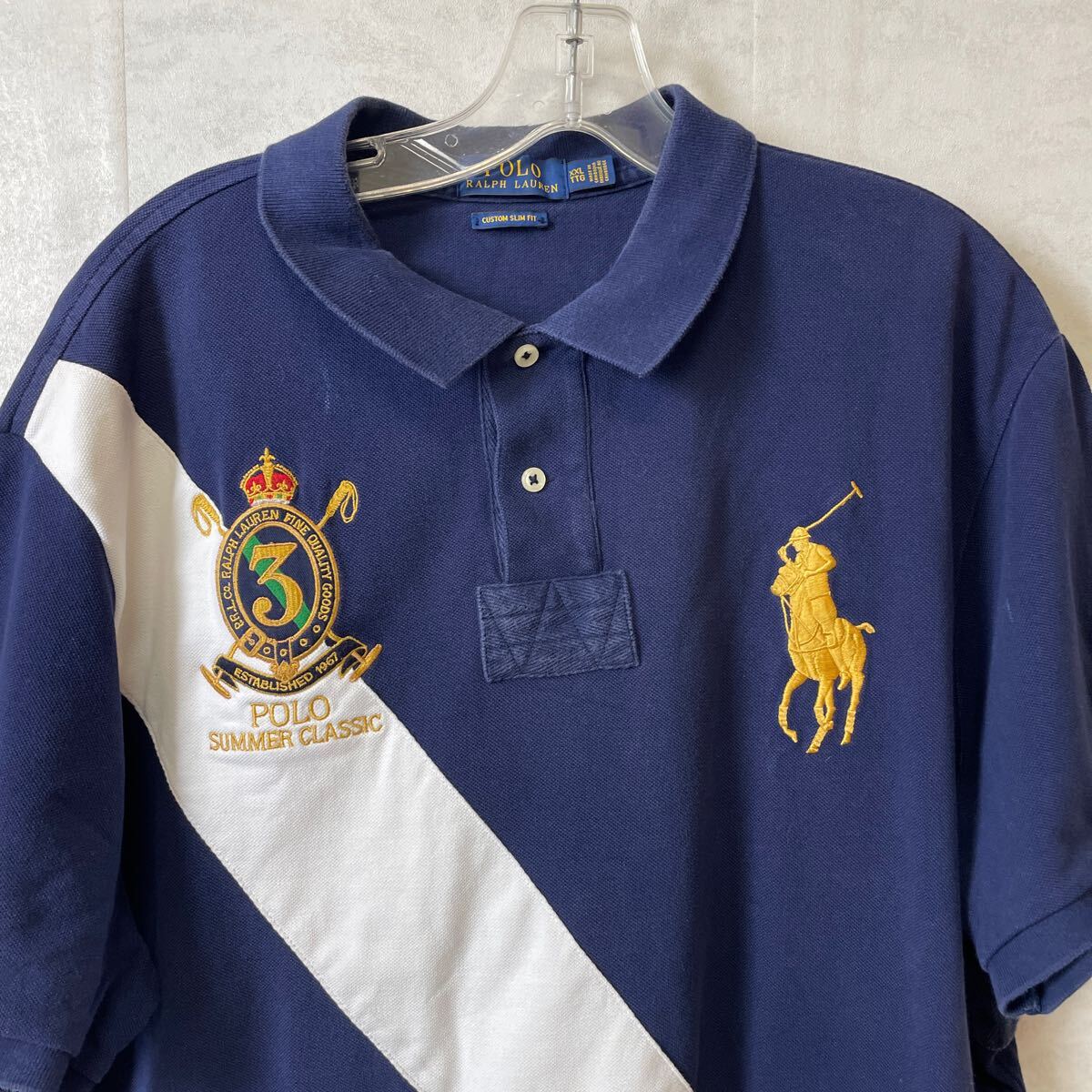 ポロシャツ ラルフローレン 半袖ポロシャツ RALPH LAUREN ビッグポニー 鹿の子 サイズXXL 紺色 メンズ古着の画像2
