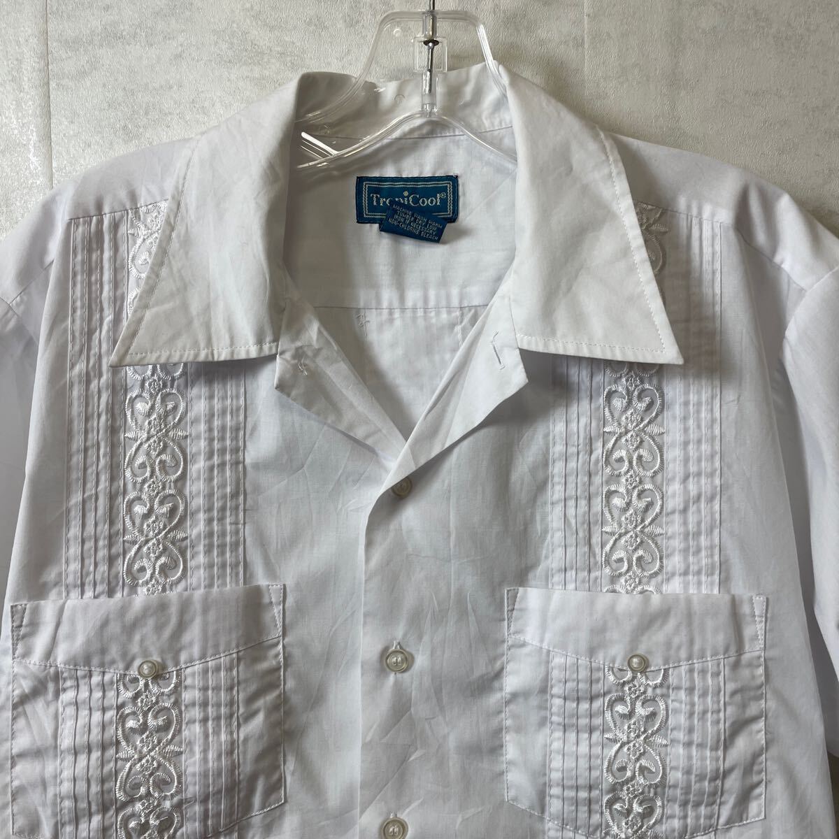 キューバシャツ 半袖 シャツ 白ホワイト　サイズM 4ポケットシャツ　民族衣装　メンズ　古着　3033_画像2
