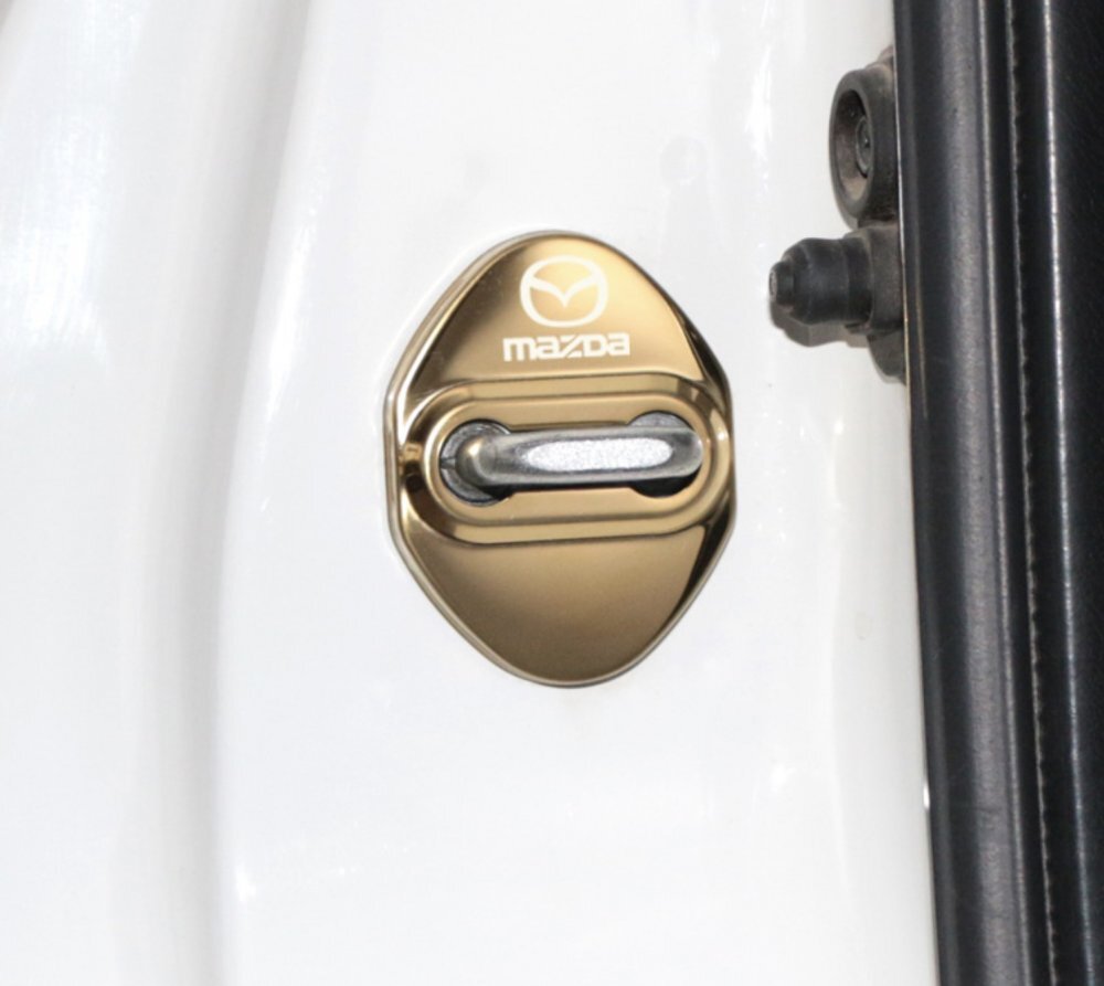 【即発送】 マツダ ドアロックカバー ストライカー カバー 車用ドアロック 高級 鏡面ステンレス製 簡単取付4個セット ゴールドの画像2