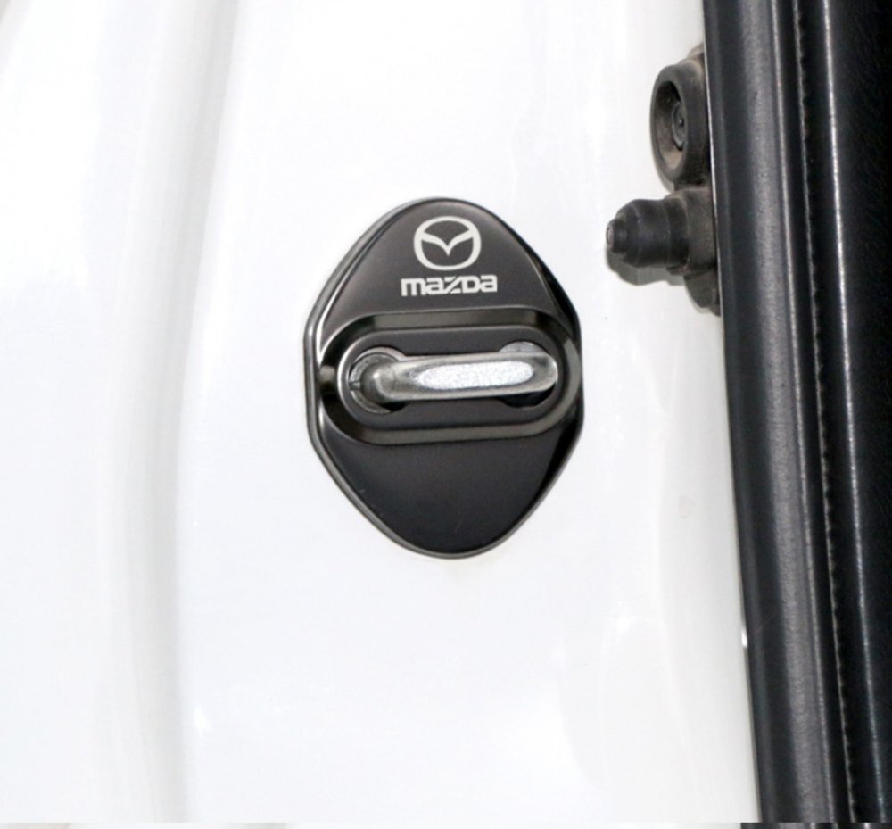 【即発送】 マツダ ドアロックカバー ストライカー カバー 車用ドアロック 高級 鏡面ステンレス製 簡単取付4個セット ブラックの画像2