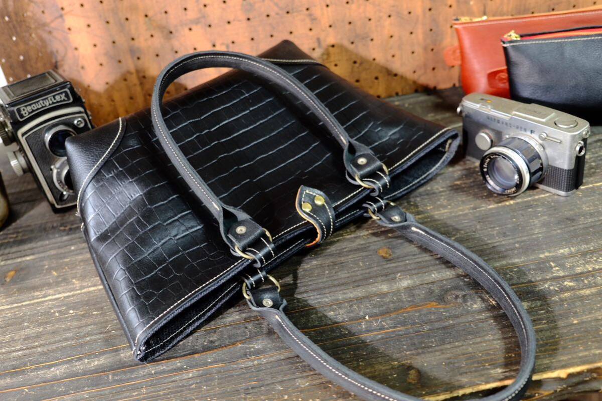 ◆◇国産漆黒クロコダイル牛革ブラックレザートートバッグ　作家手作り★日本製帆布鞄ハンドメイド