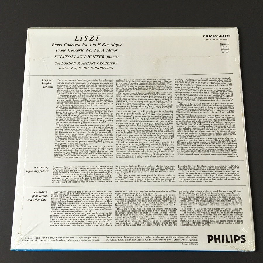 [j01]/ 美品 蘭盤 LP /『リスト ピアノ協奏曲 第1 2番 リヒテル コンドラシン Liszt Richter Kondrashin』/ 835 474 LYの画像2