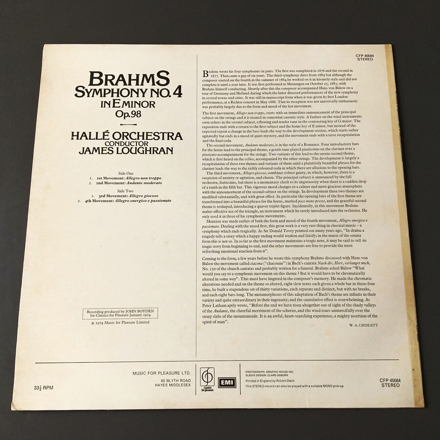 [j55]/ 英盤 LP /『ブラームス 交響曲 第4番 ロッホラン Brahms Symphony No.4 Loughran』/ CFP 40084_画像2