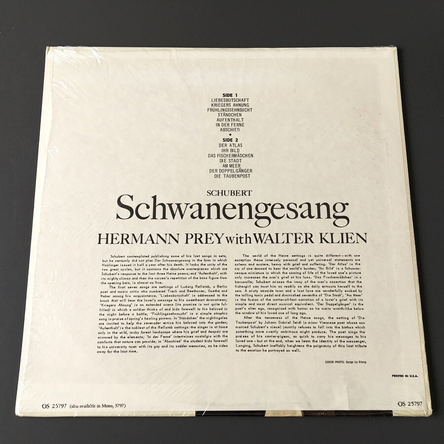 [k38]/ 英盤 LP /『シューベルト 白鳥の歌 / プライ クリーン / Schubert Schwanengesang / Prey Klien』/ OS 25797_画像2