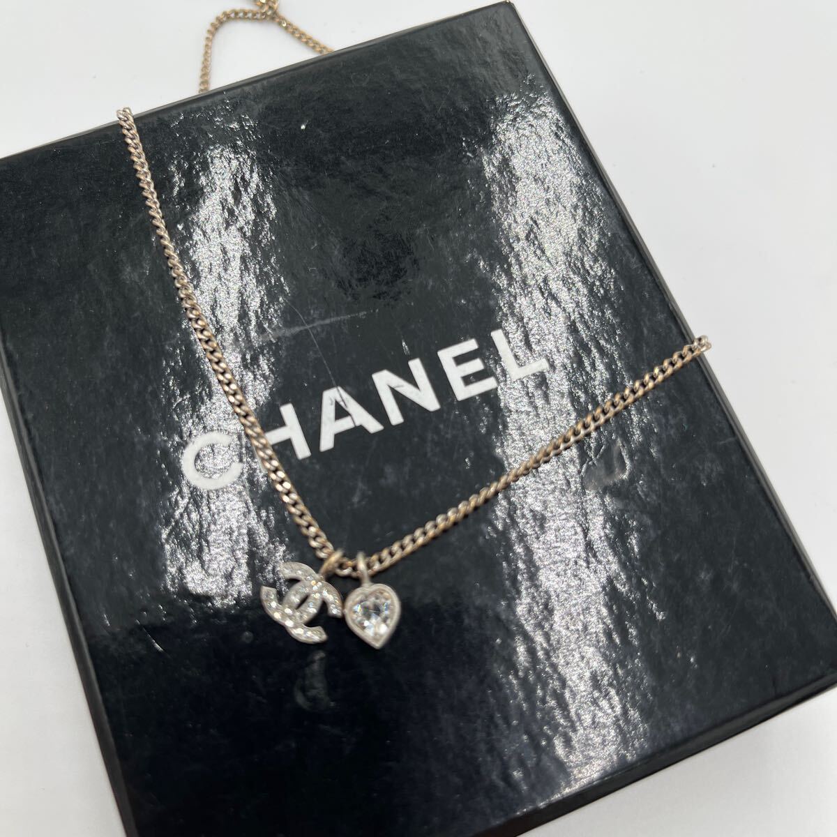CHANEL Chanel здесь Mark D11C Heart стразы серебряный колье шея вокруг 42.
