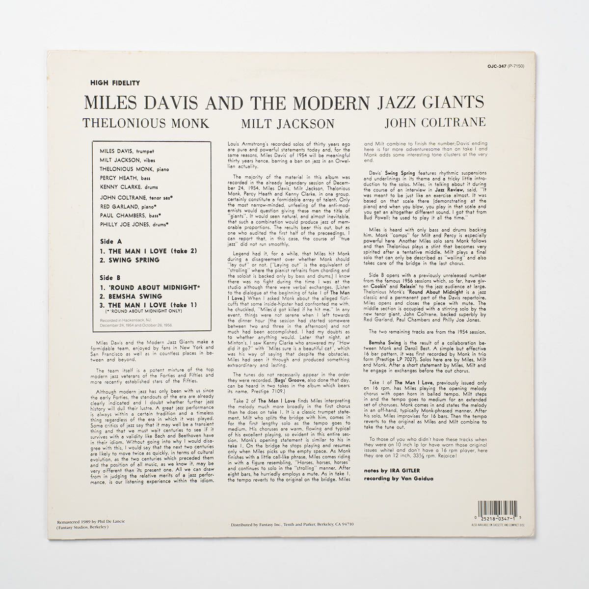 US盤 Miles Davis And The Modern Jazz Giants OJC-347 P-7150 LP レコード_画像3
