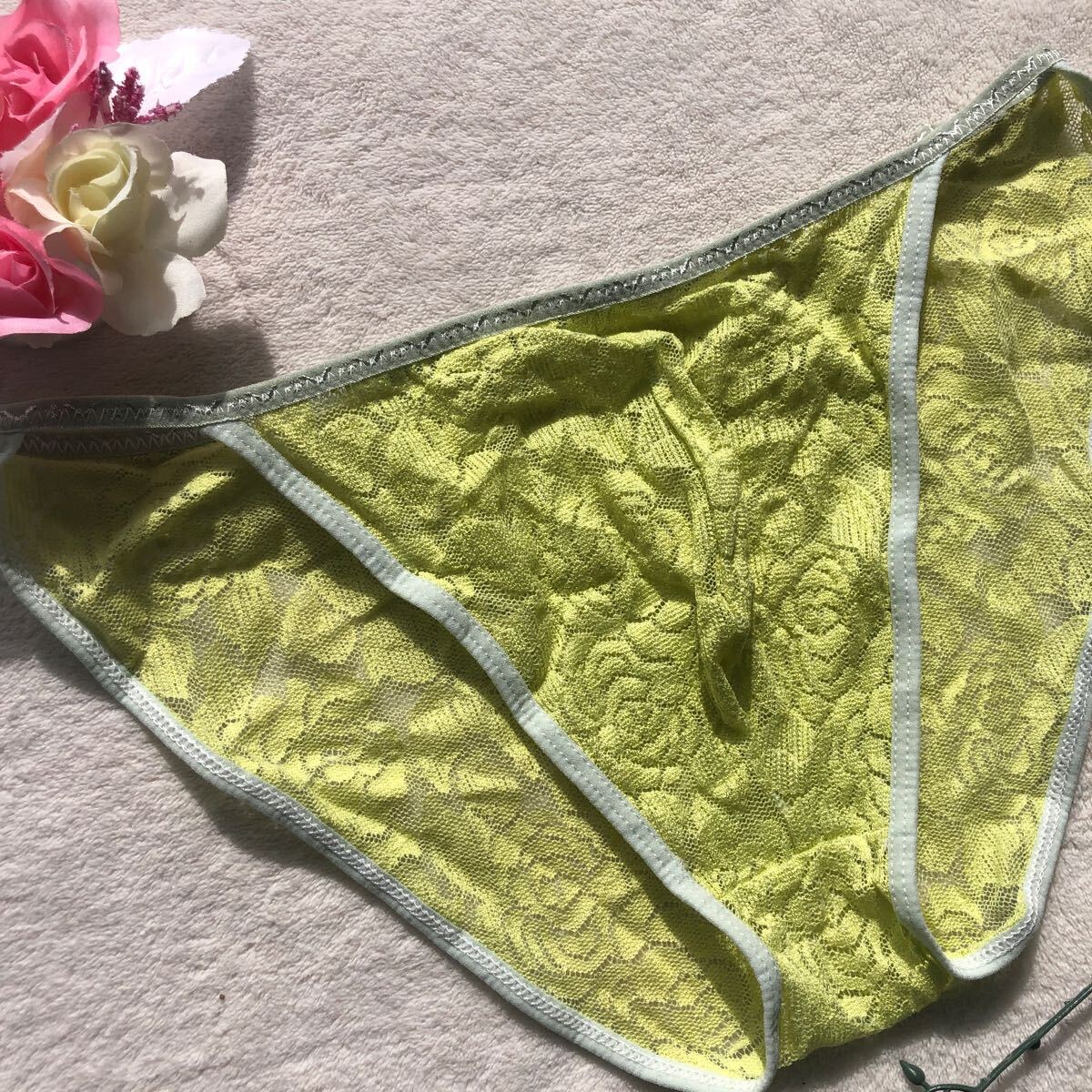 新品 メンズ XLサイズ シースルー ベビーグリーン 花柄 レース エロセクシー ダンディ ワイルド パンツ ビキニ ブリーフ ショーツの画像2