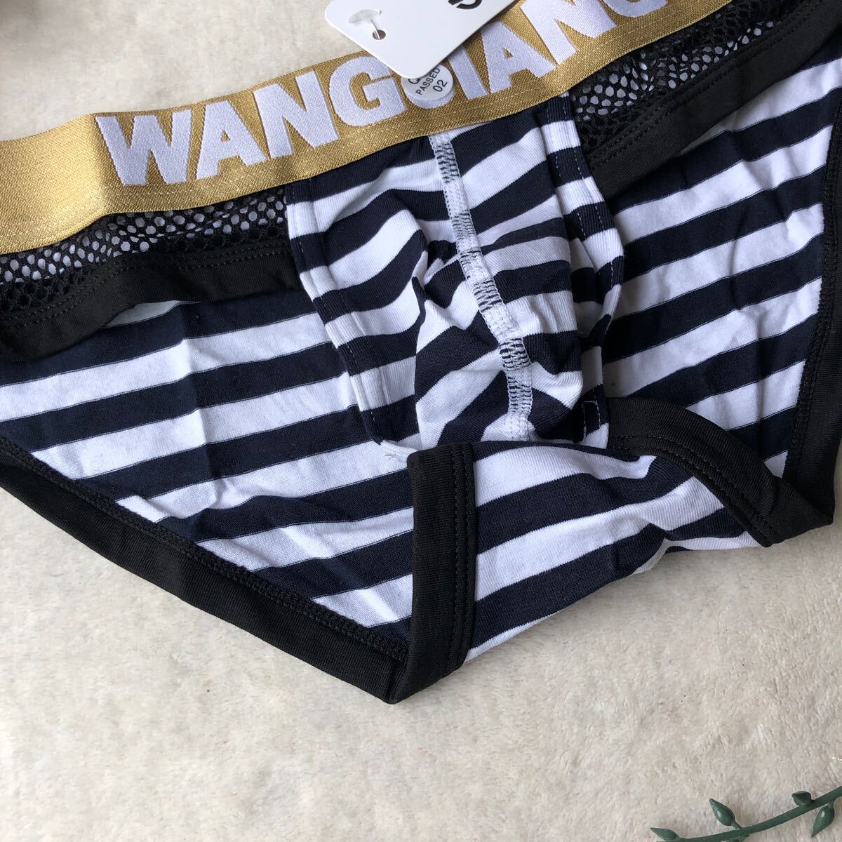 新品 メンズ Sサイズ WANGJIANG ネイビー ホワイト ボーダー エロセクシーもっこり ビキニブリーフ メンズ下着 ショーツ パンツの画像2