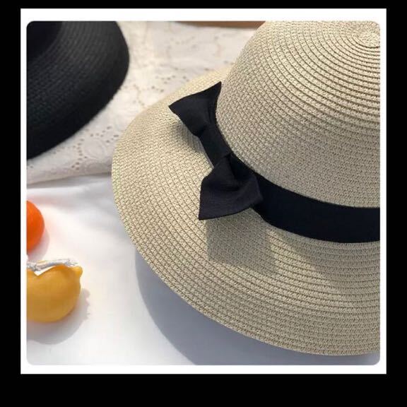 新品 ホワイト ブラック リボン 可愛い ハット 帽子 レディース帽子 キャップ 日除対策 アウトドア 公園 通勤 麦わら帽子の画像1