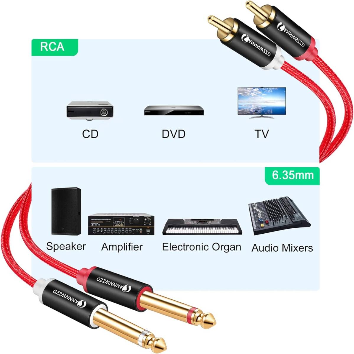 RCA 変換 6.3mm RCA ケーブル 金メッキ, ナイロン編組2x RCAオス 2x 6.35mmモノオスホームシアターシステム、コンピュータサウンド 2M T18_画像6