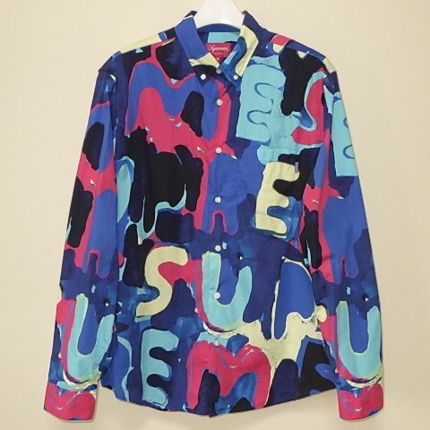 ☆ 20SS Supreme シュプリーム Painted Logo Shirt ペイント ロゴ シャツ 総柄 BD シャツ (ロイヤル青M)EGAの画像2