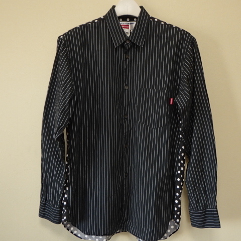 ☆ 14SS Supreme シュプリーム COMME des GARCONS SHIRT L/S Shirt ギャルソン ドット ストライプ 切替 長袖 シャツ (ブラック黒S)ESE_画像1