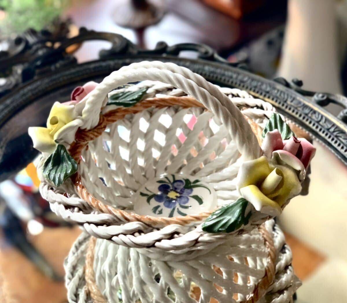 イタリア製 陶器 バスケット カゴ 置物 バラ 花 フルーツバスケット 小物入れ インテリア レトロ