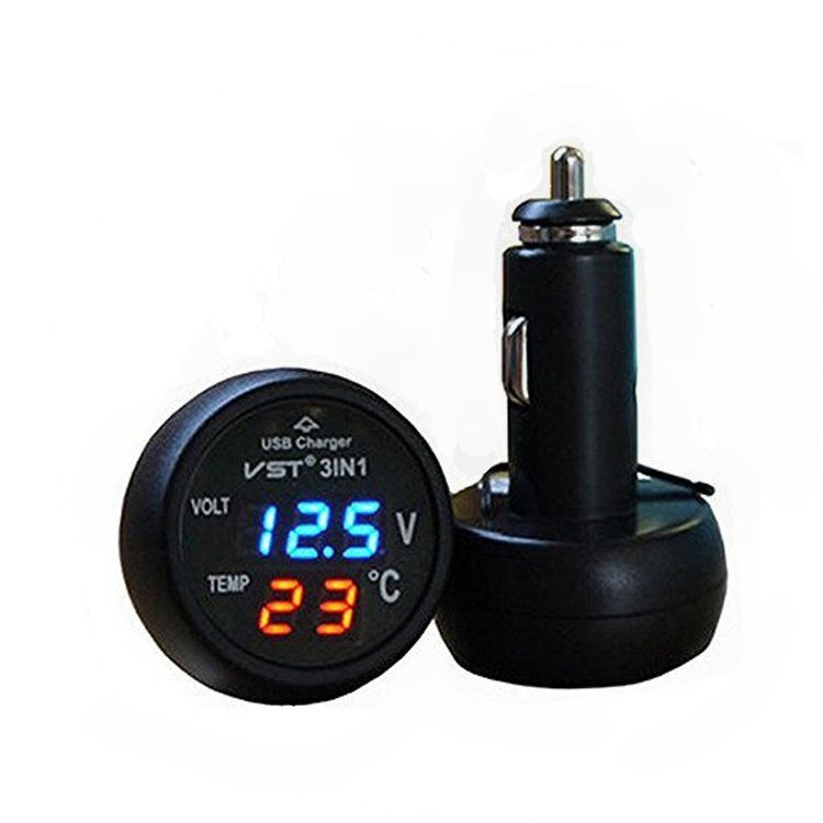 車載マルチ電圧計＋温度計+USBチャージャー 3in1 シガーソケットに挿すだけ バッテリー電圧表示 温度表示 12V/24V汎用 VST21の画像1