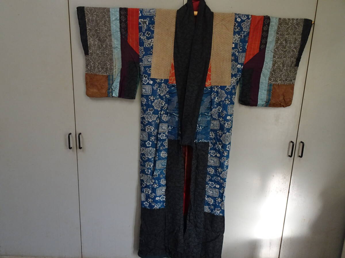 417-2 античный длинное нижнее кимоно натуральный шелк лоскутное шитье Ремейк-материал длина 152cm/.64cm/ длина рукава 48.5cm