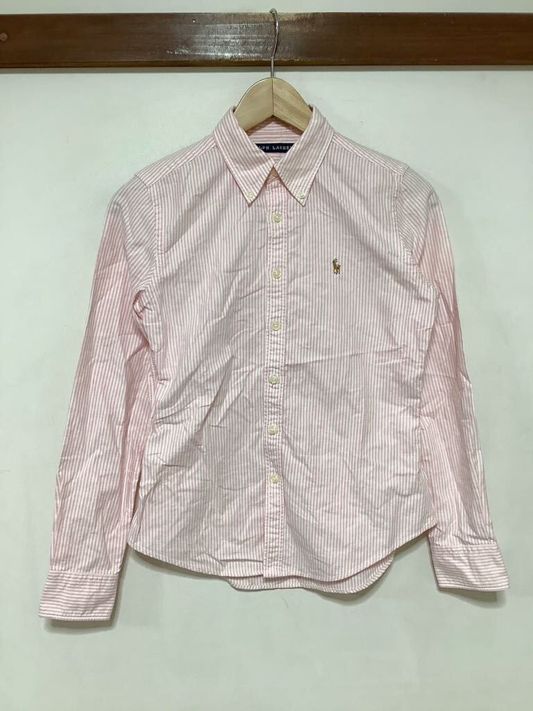 つ1350 RALPH LAUREN ラルフローレン ストライプ 長袖シャツ 7 キッズ ピンク ボタンダウン_画像1