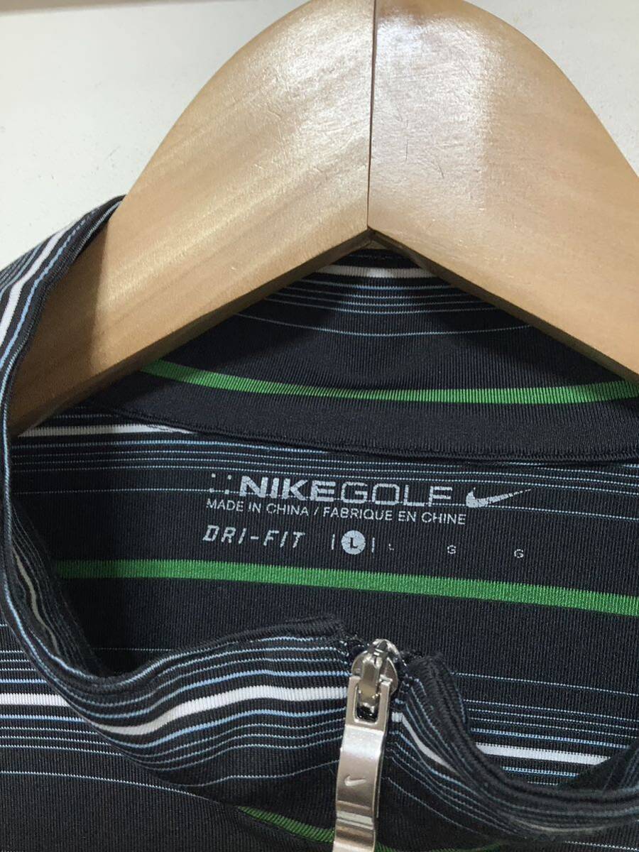 ね1318 NIKE GOLF ナイキゴルフ ボーダー ハーフジップ 長袖シャツ L ブラック DRI-FIT ロゴ刺繍_画像3