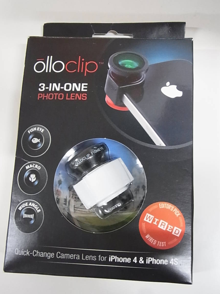 新品未開封 OLLO CLIP 3 IN ONE マクロ 魚眼 ワイド レンズ iPhone 4 4S 白 黒_画像1