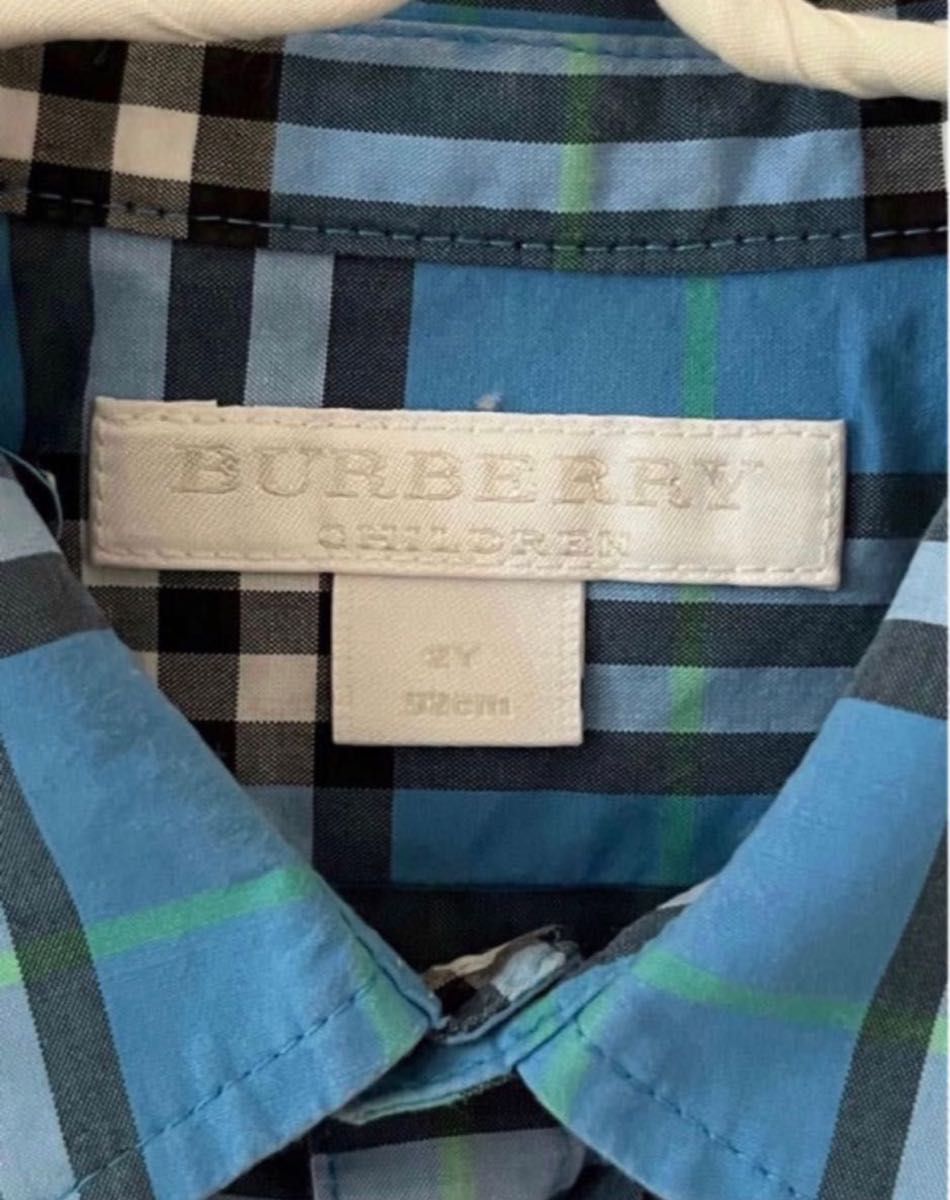 【中古品】　Burberry バーバリー　キッズ 半袖シャツ チェック柄  2y 92cm ブルー