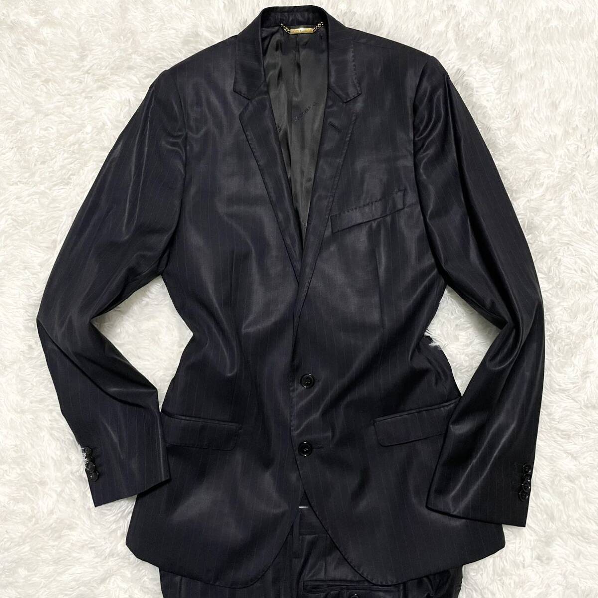 ドルチェ&ガッバーナ DOLCE&GABBANA スーツ Lサイズ 48 セットアップ 黒タグ シャドーストライプ 紺色 ネイビー ウール 光沢感 裏地ロゴ柄の画像3