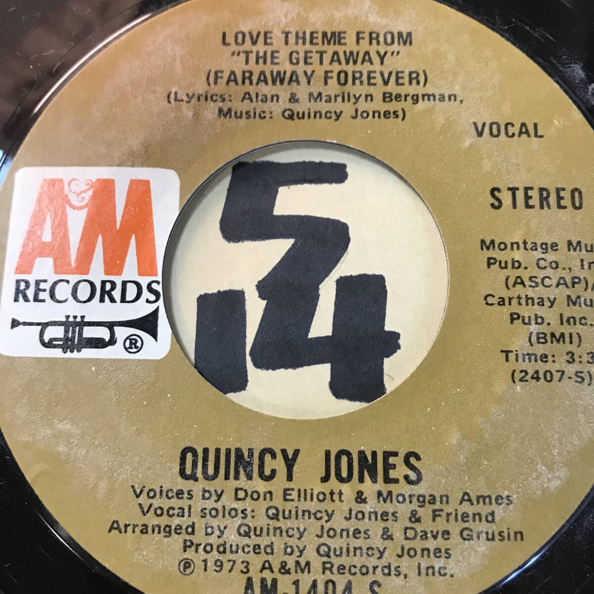 試聴 サントラ盤 QUINCY JONES THE LOVE THEME FROM THE GETAWAY VOCAL / INST 両面NM 1973 サム・ペキンパー/ヴァイオレンス・アクション_画像3