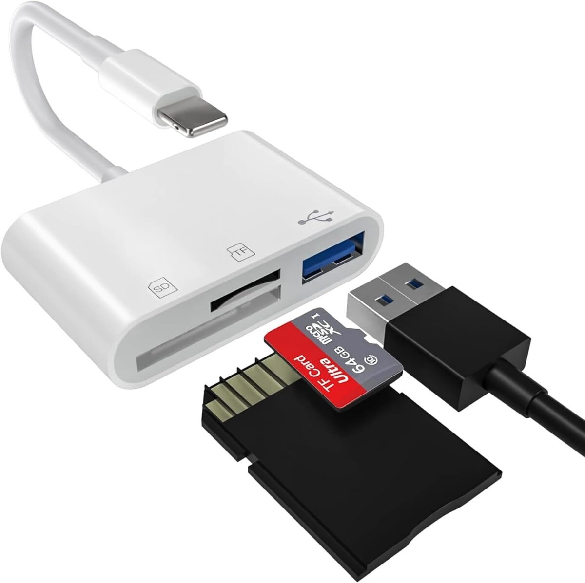 iPhone SDカードリーダー 3in1 SDカードカメラリーダー USB/SD/TF変換アダプタ 写真/ビデオ/資料 双方向高速データ転送 データ移行の画像1