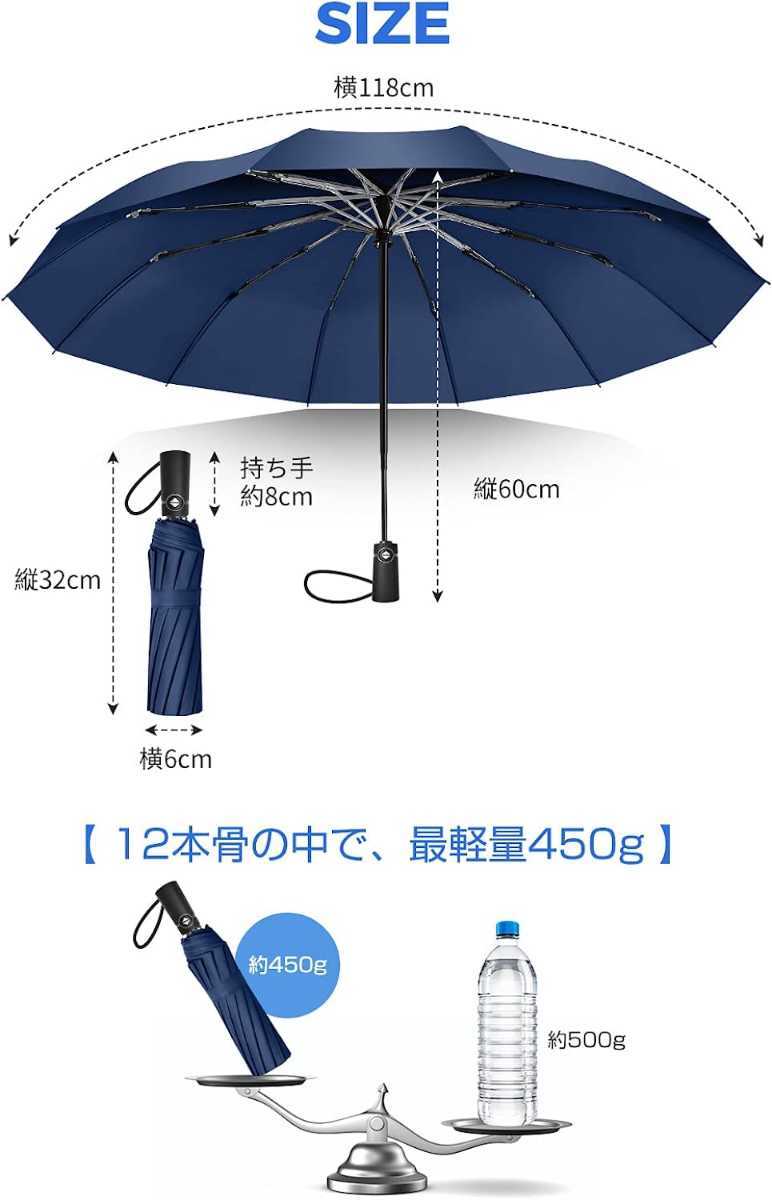 新品 折りたたみ傘 メンズ 12本骨 ワンタッチ 自動開閉 軽量 超撥水 耐強風 晴雨兼用 速乾 長持ち 梅雨対策 台風対策 紺の画像8