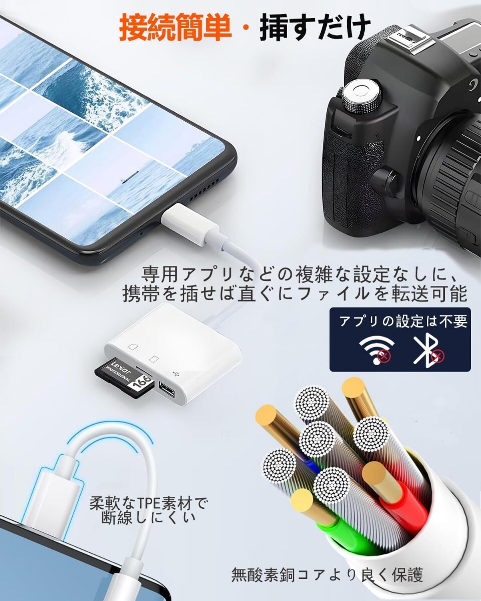iPhone SDカードリーダー 3in1 SDカードカメラリーダー USB/SD/TF変換アダプタ 写真/ビデオ/資料 双方向高速データ転送 データ移行の画像7