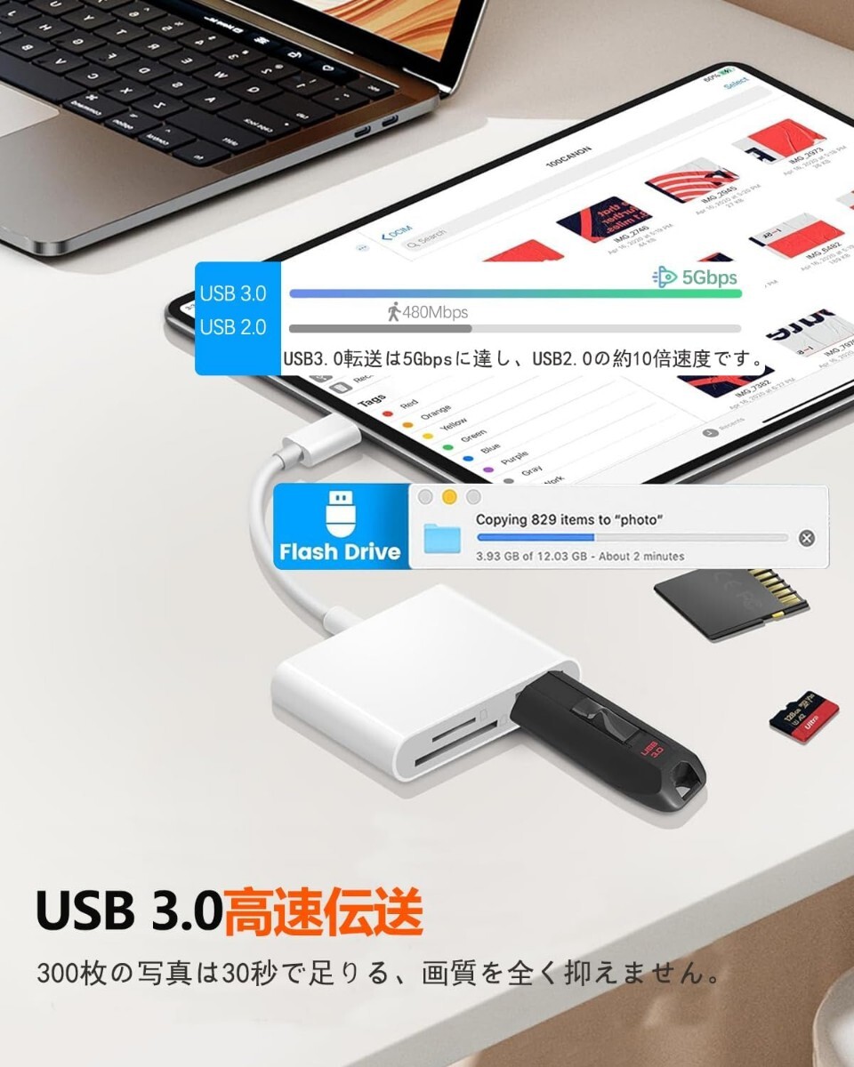 iPhone SDカードリーダー 3in1 SDカードカメラリーダー USB/SD/TF変換アダプタ 写真/ビデオ/資料 双方向高速データ転送 データ移行の画像4